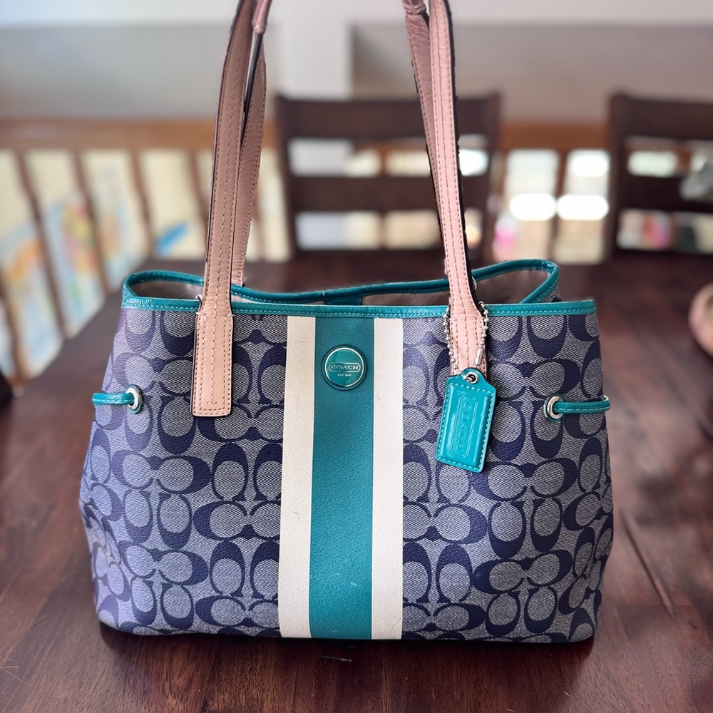 Coach Signature Blue and Green Shoulder Bag Carryall